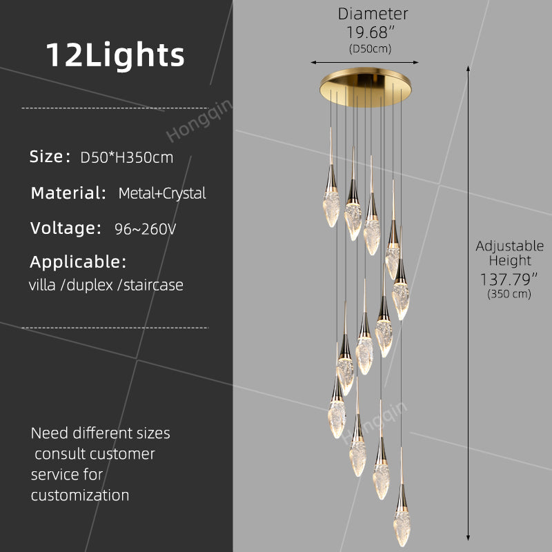 Modern Staircase Chandelier Light Luxury Villa Attic Hanging Ceiling Lamp Designer Crystal Raindrop Pendant Light