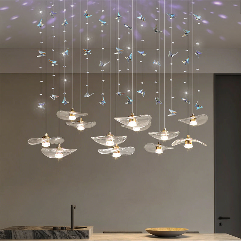 Dining Room Chandeliers Modern Villa Dining Table Bar Counter Kitchen Ceiling Lamp Double Color Lotus Leaf Glass Art Hanging Lam