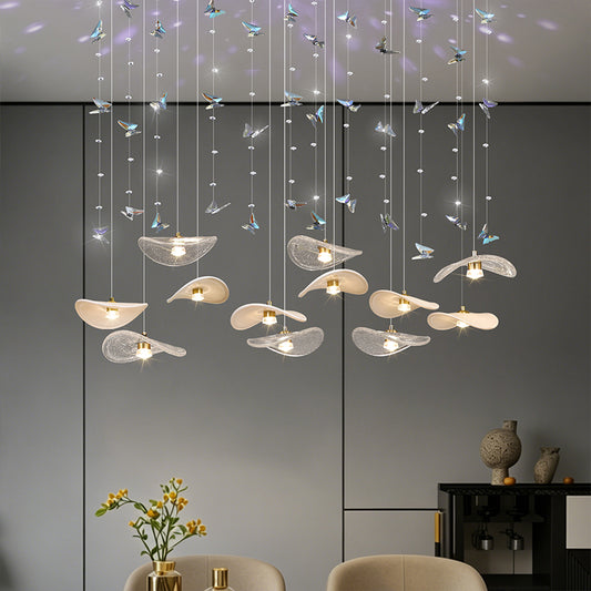Dining Room Chandeliers Modern Villa Table Island Pendant Lamp Cream-white Lotus Leaf Glass Art Hanging Lamp