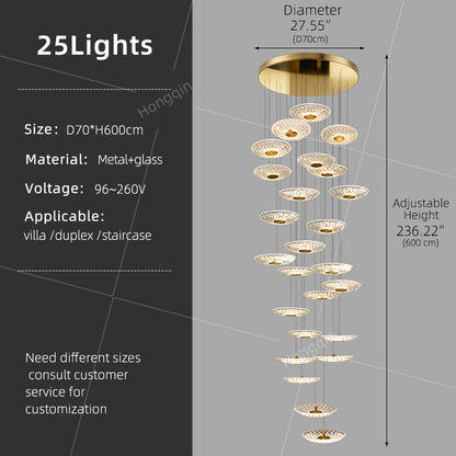 Luxury Glass Long Duplex Attic Stair Chandelier