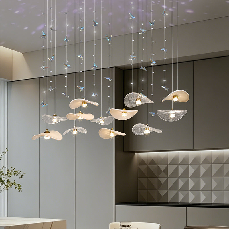 Dining Room Chandeliers Modern Villa Table Island Pendant Lamp Cream-white Lotus Leaf Glass Art Hanging Lamp