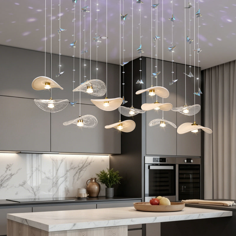 Dining Room Chandeliers Modern Villa Table Island Pendant Lamp Cream-white Lotus Leaf Glass Art Hanging Lamp