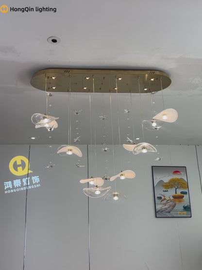 Dining Room Chandeliers Modern Villa Table Island Pendant Lamp Cream-white Lotus Leaf Glass Art Hanging Lamp